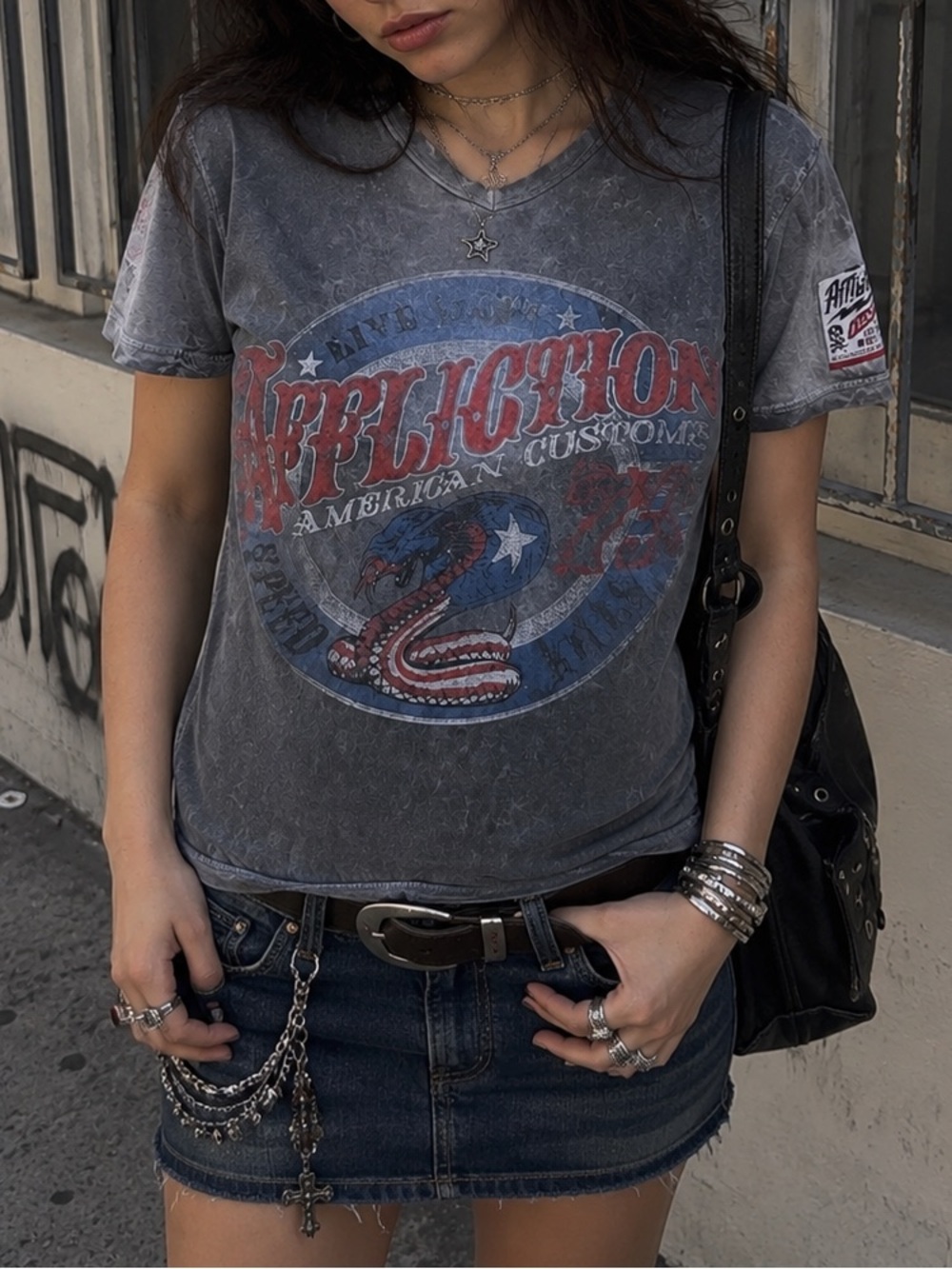 Affliction Distressed Retro Graphic T-shirt L Boxy Fit Biker Grunge Worn
